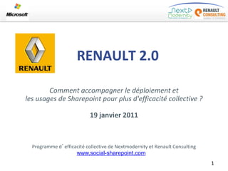 RENAULT 2.0

        Comment accompagner le déploiement et
les usages de Sharepoint pour plus d'efficacité collective ?

                           19 janvier 2011



  Programme d’efficacité collective de Nextmodernity et Renault Consulting
                     www.social-sharepoint.com
                                                                             1
 