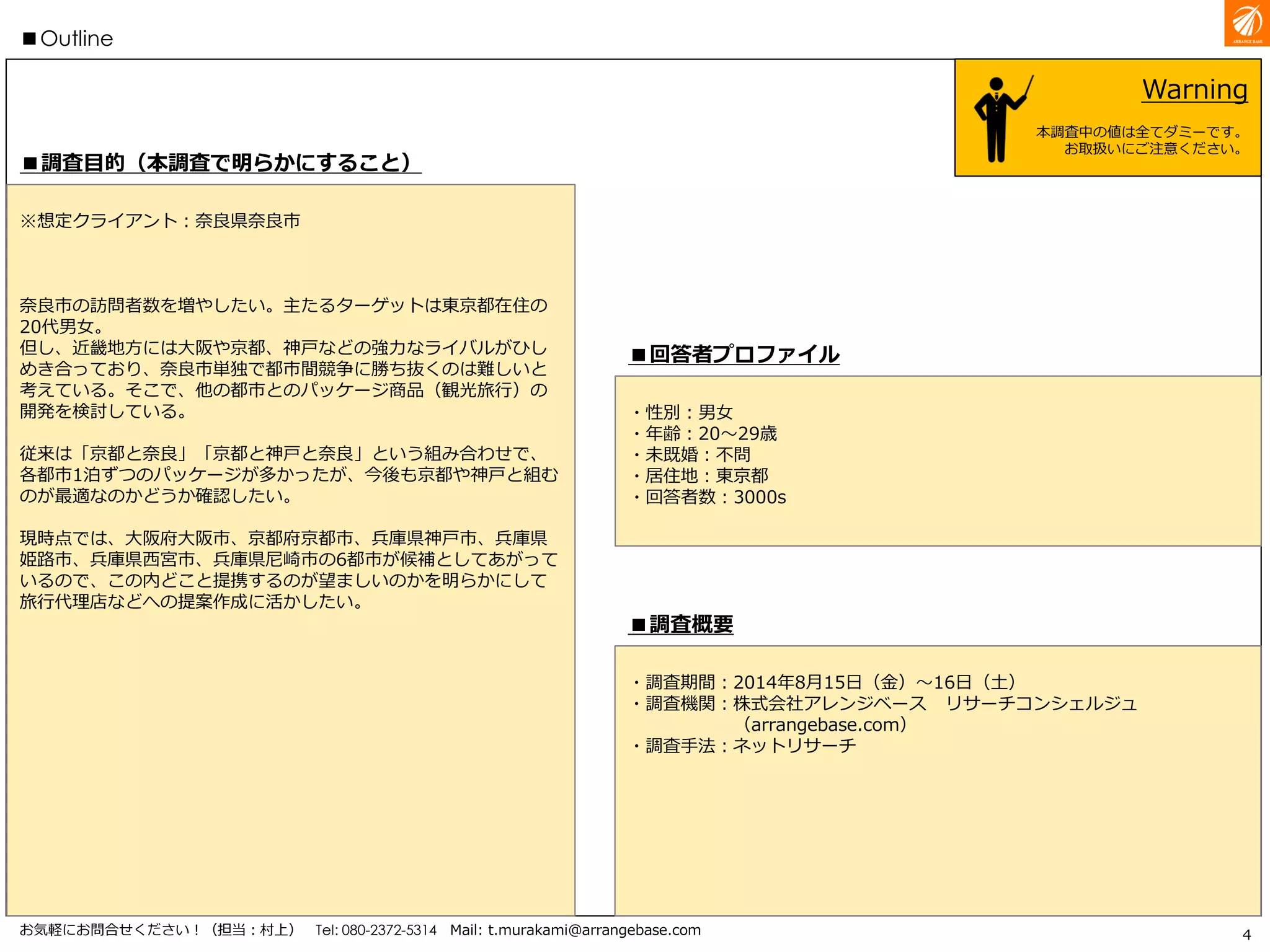 ※想定クライアント：奈良県奈良市
奈良市の訪問者数を増やしたい。主たるターゲットは東京都在住の20代男女。
但し、近畿地方には大阪や京都、神戸などの強力なライバルがひしめき合っており、奈良市単独で都市間競
争に勝ち抜くのは難しいと考えている。そこで、他の都市とのパッケージ商品（観光旅行）の開発を検討し
ている。
従来は「京都と奈良」「京都と神戸と奈良」という組み合わせで、各都市1泊ずつのパッケージが多かったが、
今後も京都や神戸と組むのが最適なのかどうか確認したい。
現時点では、大阪府大阪市、京都府京都市、兵庫県神戸市、兵庫県姫路市、兵庫県西宮市、兵庫県尼崎市の6
都市が候補としてあがっているので、この内どこと提携するのが望ましいのかを明らかにして旅行代理店な
どへの提案作成に活かしたい。
4お気軽にお問合せください！（担当：村上） Tel: 080-2372-5314 Mail: t.murakami@arrangebase.com
■調査概要
： 20XX年X月X日（X）
： ネットリサーチ
： 株式会社アレンジベース リサーチコンシェルジュ
概要
・調査期間
・調査手法
・調査機関
： 男女
： 20～29歳
： 不問
： 東京都
： 3000s
回答者プロファイル
・性別
・年齢
・未既婚
・居住地
・サンプル数
調査目的（本調査で明らかにすること）
 