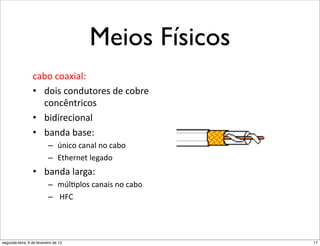•  I434)'.4+,(0"
                                                          •  I(,3("I(*';"
                                      Meios Físicos
                      n'4+"L*4.+;".(I+"
                                                                 –  M,4.+".(,(0",+".(I+"
                                                                 –  b5D'),'5"0'C(3+"
                      ".+(F4(0K"UI)("
                 .(I+".+(F4(0;"             •                   I(,3("0()C(;" ótica:
                                                                 cabo de fibra
                 •  3+4*".+,3:5+)'*"3'".+I)'"                    –  fibra de vidro conduzindo
                                                                 !  ?M0-80+*".(,(4*",+".(I+"
                                                                    pulsos de luz; cada pulso um bit
                    .+,.r,5)4.+*"                                   "/c7"
                                                                 –  operação em alta velocidade:
                                                                 ! 
                 •  I434)'.4+,(0"                                    "    transmissão em alta velocidade
                 •  I(,3("I(*';"                                          ponto a ponto (p. e., 10-100
                                                                          Gps)
                          –  M,4.+".(,(0",+".(I+"
                                                                 !  baixa taxa de erro:
                          –  b5D'),'5"0'C(3+"                       repetidores bastante
                                                    *043'"#Y"
                 •  I(,3("0()C(;"                                   espaçados; imune a ruído
                          –  ?M0-80+*".(,(4*",+".(I+"               eletromagnético
                          –  "/c7"




          *043'"#Y"
segunda-feira, 6 de fevereiro de 12                                  !"#$%$"&'()*+,"&)',-.'"/(001"2+3+*"+*"34)'45+*")'*')6(3+*1"   17
 