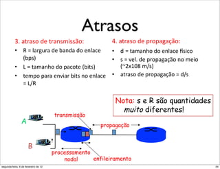 X5)(*+",(*")'3'*".+?:5(3(*"
               8+)"8(.+5'*"                     Atrasos
           Q1"(5)(*+"3'"5)(,*?4**>+;"                      W1"(5)(*+"3'"8)+8(C(=>+;"
           •  R"}"0()C:)("3'"I(,3("3+"',0(.'"   •  3"}"5(?(,D+"3+"',0(.'"L*4.+"
              iI8*j"                            •  *"}"6'01"3'"8)+8(C(=>+",+"?'4+"
           •  p"}"5(?(,D+"3+"8(.+5'"iI45*j"        it#F%$k"?N*j"
           •  5'?8+"8()("',64()"I45*",+"',0(.'" •  (5)(*+"3'"8)+8(C(=>+"}"3N*"
              }"pNR"

                                                            Nota: s e R são quantidades
                                                              muito diferentes!
                                      transmissão
                A                                      propagação


                      B
                                      processamento
                                          nodal     enfileiramento
       *043'"WZ"                                                    !"#$%$"&'()*+,"&)',-.'"/(001"2+3+*"+*"34)'45+*")'*')6(3+*1
segunda-feira, 6 de fevereiro de 12                                                                                       34
 