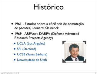 Histórico

                    • 1961 - Estudos sobre a eﬁciência de comutação
                          de pacotes, Leonard Kleinrock
                    • 1969 - ARPAnet, DARPA (Defense Advanced
                          Research Projects Agency)
                         • UCLA (Los Angeles)
                         • SRI (Stanford)
                         • UCSB (Santa Bárbara)
                         • Universidade de Utah

segunda-feira, 6 de fevereiro de 12                                   53
 