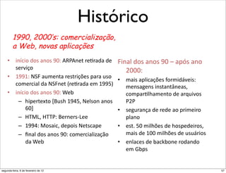 Histórico
         1990, 2000’s: comercialização,
         a Web, novas aplicações
    •  4,9.4+"3+*"(,+*"m$;"XR&X,'5")'-)(3("3'"   c4,(0"3+*"(,+*"m$"É"(8P*"(,+"
       *')64=+"                                     #$$$;"
    •  %mm%;"V_c"(:?',5(")'*5)4=]'*"8()(":*+"
                                                 •  ?(4*"(804.(=]'*"A+)?436'4*;"
       .+?').4(0"3("V_c,'5"i)'-)(3("'?"%mmYj"       ?',*(C',*"4,*5(,5Ü,'(*K"
    •  4,9.4+"3+*"(,+*"m$;"d'I"                     .+?8()-0D(?',5+"3'"()G:46+*"
        –  D48')5'F5+"ÑT:*D"%mWYK"V'0*+,"(,+*"      &#&"
            Z$Ö"                                 •  *'C:)(,=("3'")'3'"(+"8)4?'4)+"
        –  /2npK"/22&;"T'),')*fp''"                 80(,+"
        –  %mmW;"n+*(4.K"3'8+4*"V'5*.(8'"        •  '*51"Y$"?40D]'*"3'"D+*8'3'4)+*K"
        –  U,(0"3+*"(,+*"m$;".+?').4(04O(=>+"       ?(4*"3'"%$$"?40D]'*"3'":*:)4+*"
            3("d'I"                              •  ',0(.'*"3'"I(.`I+,'")+3(,3+"
                                                    '?"sI8*"


   *043'"[k"
segunda-feira, 6 de fevereiro de 12                !"#$%$"&'()*+,"&)',-.'"/(001"2+3+*"+*"34)'45+*")'*')6(3+*1"   57
 