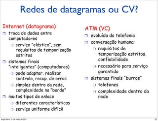 Redes de datagramas
     Rede dede datagramas VC:VC:
       Rede datagramas ou ou                         ou CV?
     por quê?
       por quê?
 Internet (datagrama)
    Internet (datagrama)             ATM (VC)(VC)
                                        ATM
 !  troca de dados entre             !  evoluída da telefonia
     !  troca de dados entre              !  evoluída da telefonia
    computadores
        computadores                 !  conversação humana:
                                          !  conversação humana:
     "  serviço “elástico”, sem          "  requisitos de
         "  serviço “elástico”, sem           "  requisitos de
        requisitos de temporização          temporização estritos,
            requisitos de temporização           temporização estritos,
        estritos                            confiabilidade
            estritos                             confiabilidade
 !  sistemas finais                      "  necessário para serviço
     !  sistemas finais                       "  necessário para serviço
    “inteligentes” (computadores)           garantido
        “inteligentes” (computadores)            garantido
     "  pode adaptar, realizar       !  sistemas finais “burros”
         "  pode adaptar, realizar        !  sistemas finais “burros”
        controle, recup. de erros
            controle, recup. de erros "  telefones
     "  simples dentro da rede,               "  telefones
         "  simples dentro da rede,      "  complexidade dentro da
        complexidade na “borda”
            complexidade na “borda”         rede complexidade dentro da
                                              " 
 !  muitos tipos de enlace                       rede
     !  muitos tipos de enlace
     "  diferentes características
         "  diferentes características
     "  serviço uniforme difícil
         "  serviço uniforme difícil
segunda-feira, 17 de outubro de 11                                         22
 