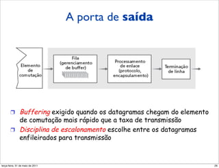 A porta de saída
       Portas de saída




       !  Buffering exigido quando os datagramas chegam do elemento
          de comutação mais rápido que a taxa de transmissão
       !  Disciplina de escalonamento escolhe entre os datagramas
          enfileirados para transmissão



segunda-feira, 17 de outubro de 11                                    29
 