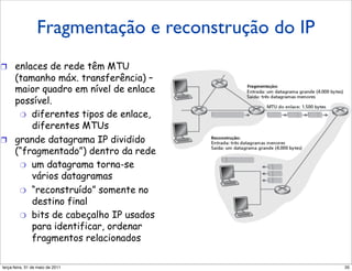 Fragmentação
      Fragmentação e reconstrução do IP
   e reconstrução do IP
!  enlaces de rede têm MTU
   (tamanho máx. transferência) –
   maior quadro em nível de enlace
   possível.
    "  diferentes tipos de enlace,
       diferentes MTUs
!  grande datagrama IP dividido
   (“fragmentado”) dentro da rede
    "  um datagrama torna-se
       vários datagramas
    "  “reconstruído” somente no
       destino final
    "  bits de cabeçalho IP usados
       para identificar, ordenar
       fragmentos relacionados

segunda-feira, 17 de outubro de 11        35
 