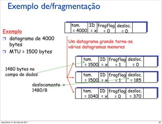 Exemplo de/fragmentação

                                                       tam.    ID fragflag desloc.
 Exemplo                                                = 4000 = x   =0      =0
 !  datagrama de 4000
                                                      Um datagrama grande torna-se
    bytes                                             vários datagramas menores
 !  MTU = 1500 bytes
                                                            tam.    ID fragflag desloc.
                                                             = 1500 = x   =1      =0
    1480 bytes no
    campo de dados                                          tam.    ID fragflag desloc.
                                                             = 1500 = x   =1     = 185
                                     deslocamento =
                                     1480/8                 tam.    ID fragflag desloc.
                                                             = 1040 = x   =0     = 370




segunda-feira, 17 de outubro de 11                                                        36
 