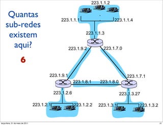 223.1.1.2

  Quantas
Quantas?                                            223.1.1.1                    223.1.1.4
     sub-redes
      existem                                                      223.1.1.3

       aqui?                                             223.1.9.2         223.1.7.0

                     6
                                             223.1.9.1                                  223.1.7.1
                                                             223.1.8.1   223.1.8.0

                                                 223.1.2.6                           223.1.3.27

                                     223.1.2.1               223.1.2.2   223.1.3.1            223.1.3.2


segunda-feira, 17 de outubro de 11                                                                        41
 