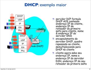 DHCP: exemplo maior

                                DHCP
                   DHCP
                                     UDP                        !  servidor DCP formula
                   DHCP
                                                                   DHCP ACK contendo
                   DHCP              IP                            endereço IP do cliente,
                                     Eth
                                                                   endereço IP do
                                                                   roteador do primeiro
                   DHCP

                                     Phy                           salto para cliente, nome
                                                                   & endereço IP do
                        DHCP
                                      DHCP                         servidor DNS
                         DHCP                                   !  encapsulamento do
                                       UDP
                                                                   servidor DHCP, quadro
                         DHCP
                                           IP     roteador         repassado ao cliente,
                        DHCP
                         DHCP             Eth
                                                  (roda DHCP)      demultiplexando para
                                          Phy
                                                                   DHCP no cliente
                                                                !  cliente agora sabe seu
                                                                   endereço IP, nome e
                                                                   endereço IP do servidor
                                                                   DSN, endereço IP do seu
                                                                   roteador do primeiro salto
segunda-feira, 17 de outubro de 11                                                              49
 