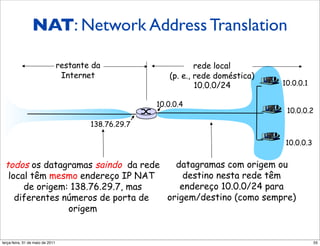 NAT: Network Address
             NAT: Network Address Translation
            Translation
                              restante da                      rede local
                               Internet                (p. e., rede doméstica)
                                                               10.0.0/24         10.0.0.1

                                                    10.0.0.4
                                                                                  10.0.0.2
                                      138.76.29.7

                                                                                  10.0.0.3


 todos os datagramas saindo da rede   datagramas com origem ou
  local têm mesmo endereço IP NAT       destino nesta rede têm
      de origem: 138.76.29.7, mas      endereço 10.0.0/24 para
    diferentes números de porta de  origem/destino (como sempre)
                origem


segunda-feira, 17 de outubro de 11                                                           55
 