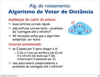 Alg. de roteamento:
             Algoritmo de Vetor de Distância
              mudanças de custo do enlace:
                                                                      60
              !  boas notícias correm rápido                                  y
              !  más notícias correm lento – problema
                                                                          4        1
                 da “contagem até o infinito”!                        x                z
                                                                              50
              !  44 iterações antes que o algoritmo
                 estabilize: ver texto
              reverso envenenado:
              !  se Z passa por Y para chegar a X:
                       "     Z diz a Y que sua distância (de Z) até
                             X é infinita (de modo que Y não
                             roteará para X passando por Z)
              !  isso solucionará completamente o
                     problema da contagem até o infinito?


segunda-feira, 17 de outubro de 11                                                         89
 