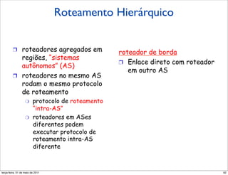 Roteamento Hierárquico


        !  roteadores agregados em                roteador de borda
           regiões, “sistemas
                                                  !  Enlace direto com roteador
           autônomos” (AS)
                                                     em outro AS
        !  roteadores no mesmo AS
           rodam o mesmo protocolo
           de roteamento
                  "     protocolo de roteamento
                        “intra-AS”
                  "     roteadores em ASes
                        diferentes podem
                        executar protocolo de
                        roteamento intra-AS
                        diferente



segunda-feira, 17 de outubro de 11                                                92
 