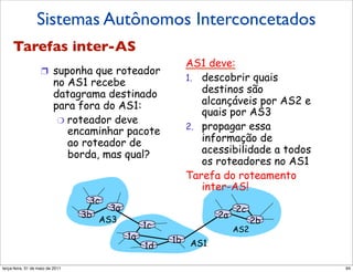 Sistemas Autônomos Interconcetados
     Tarefas inter-AS
         Tarefas inter-AS
                                                              AS1 deve:
                   !  suponha que roteador
                                                              1.  descobrir quais
                          no AS1 recebe
                          datagrama destinado                     destinos são
                          para fora do AS1:                       alcançáveis por AS2 e
                                                                  quais por AS3
                           "  roteador deve
                                                              2.  propagar essa
                              encaminhar pacote
                              ao roteador de                      informação de
                              borda, mas qual?                    acessibilidade a todos
                                                                  os roteadores no AS1
                                                              Tarefa do roteamento
                                                                  inter-AS!
                                      3c
                                          3a                             2c
                                     3b                             2a
                                        AS3                                    2b
                                                    1c                   AS2
                                               1a        1b
                                                    1d        AS1

segunda-feira, 17 de outubro de 11                                                         94
 