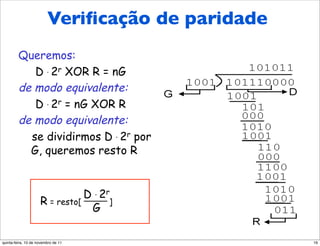 Veriﬁcação de paridade
          Exemplo de CRC
         Queremos:
            D . 2r XOR R = nG
         de modo equivalente:
            D . 2r = nG XOR R
         de modo equivalente:
           se dividirmos D . 2r por
           G, queremos resto R


                                D . 2r
                     R = resto[       ]
                                 G

quinta-feira, 10 de novembro de 11                16
 