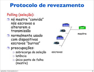 Protocolo de revezamento
            Polling (seleção):
            !  nó mestre “convida”
               nós escravos a
                                                                 dados
               alterarem a                                                poll
               transmissão
                                                                         mestre
            !  normalmente usado
               com dispositivos                          dados

               escravos “burros”
            !  preocupações:
                      "      sobrecarga da seleção   escravos
                      "      latência
                      "      único ponto de falha
                             (mestre)

quinta-feira, 10 de novembro de 11                                                35
 