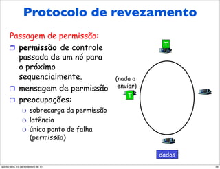 Protocolo de revezamento
      Passagem de permissão:
                                                             T
      !  permissão de controle
         passada de um nó para
         o próximo
         sequencialmente.                        (nada a
      !  mensagem de permissão                    enviar)
                                                     T
      !  preocupações:
                "      sobrecarga da permissão
                "      latência
                "      único ponto de falha
                       (permissão)

                                                            dados
quinta-feira, 10 de novembro de 11                                  36
 