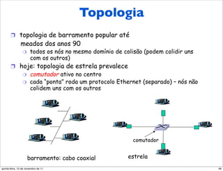 Topologia
        Topologia de estrela
       !  topologia de barramento popular até
               meados dos anos 90
                 "     todos os nós no mesmo domínio de colisão (podem colidir uns
                       com os outros)
       !  hoje: topologia de estrela prevalece
                 "     comutador ativo no centro
                 "     cada “ponta” roda um protocolo Ethernet (separado) – nós não
                       colidem uns com os outros




                                                            comutador


                      barramento: cabo coaxial            estrela
quinta-feira, 10 de novembro de 11                                                    48
 