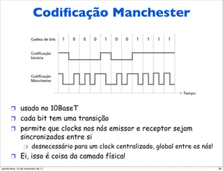 Codiﬁcação Manchester
       Codificação Manchester




       !  usado no 10BaseT
       !  cada bit tem uma transição
       !  permite que clocks nos nós emissor e receptor sejam
               sincronizados entre si
                  "     desnecessário para um clock centralizado, global entre os nós!
       !  Ei, isso é coisa da camada física!
quinta-feira, 10 de novembro de 11                                                       56
 