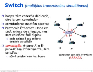 Comutador: permite múltiplas
    Switch (múltiplas transmissões simultâneas)
   transmissões simultâneas
     Comutador: permite múltiplas A
     transmissões simultâneas
  !  hosps. têm conexão dedicada,                       C’                           A        B
     direta com comutador
      !  hosps. têm conexão dedicada,                        C’                               B
  !  comutadores mantêm pacotes                                                  1   2
         direta com comutador                                               6             3
  !  Protocolo Ethernet usado em
      !  comutadores mantêm pacotes
     cada enlace de chegada, mas                                                5 14 2 3
                                                                                6
      !  Protocolo Ethernet usado em
     sem colisões; full duplex                                                    5 4
         cada enlace de chegada, mas                                                          C
      "  cada enlace é seu próprio
         sem colisões; full duplex
         domínio de colisão                                                                       C
          cada enlace é seu próprio
                   "                                              B’                 A’
  !  comutação: A-para-A’ e B-
          domínio de colisão
                                                                       B’
         para-B’ simultaneamente, sem
          !  comutação: A-para-A’ e B-
                                                                                         A’
                                                                  comutador com seis interfaces
         colisões simultaneamente, sem
             para-B’                                                       (1,2,3,4,5,6)
                                                                    comutador com seis interfaces
          "  não é possível com hub burro
             colisões                                                        (1,2,3,4,5,6)
                   "     não é possível com hub burro


quinta-feira, 10 de novembro de 11                                                                    60
 