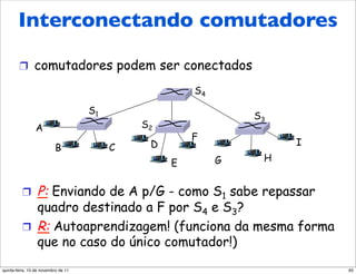 Interconectando
        Interconectando comutadores
        comutadores
        !  comutadores podem ser conectados

                                                       S4

                                     S1
                                                                S3
                 A                            S2
                                                       F
                                               D                     I
                          B               C
                                                            G    H
                                                   E

          !  P: Enviando de A p/G - como S1 sabe repassar
             quadro destinado a F por S4 e S3?
          !  R: Autoaprendizagem! (funciona da mesma forma
             que no caso do único comutador!)
quinta-feira, 10 de novembro de 11                                       65
 