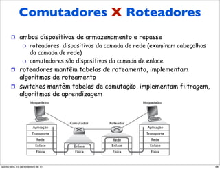 Comutadores
       Comutadores versus                           X Roteadores
       roteadores
       !  ambos dispositivos de armazenamento e repasse
                 "     roteadores: dispositivos da camada de rede (examinam cabeçalhos
                       da camada de rede)
                 "     comutadores são dispositivos da camada de enlace
       !  roteadores mantêm tabelas de roteamento, implementam
          algoritmos de roteamento
       !  switches mantêm tabelas de comutação, implementam filtragem,
          algoritmos de aprendizagem




quinta-feira, 10 de novembro de 11                                                       68
 