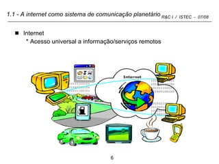 1.1 - A internet como sistema de comunicação planetário Internet Acesso universal a informação/serviços remotos 