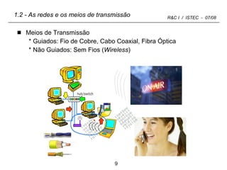 1.2 - As redes e os meios de transmissão Meios de Transmissão Guiados: Fio de Cobre, Cabo Coaxial, Fibra Óptica Não Guiados: Sem Fios ( Wireless ) 