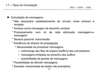 Comutação de mensagens: Não necessário estabelecimento de circuito, entre emissor e receptor Emissor envia mensagem de tamanho variável Processamento num nó da rede efectuado mensagem-a-mensagem  Sempre possível  transmissão Existência de atrasos de propagação  Necessidade de processar mensagens  sobrecarga das filas de espera ( buffers ) dos comutadores mensagens limitadas ao tamanho dos  buffers possibilidade de perdas de mensagens  Possibilidade de difundir mensagens Exemplo: transmissão de dados não prioritários 1.7  – Tipos de Comutação 
