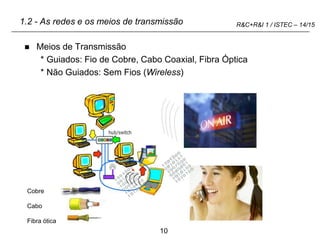 10
R&C+R&I 1 / ISTEC – 14/15
1.2 - As redes e os meios de transmissão
 Meios de Transmissão
* Guiados: Fio de Cobre, Cabo Coaxial, Fibra Óptica
* Não Guiados: Sem Fios (Wireless)
Cobre
Cabo
Fibra ótica
 