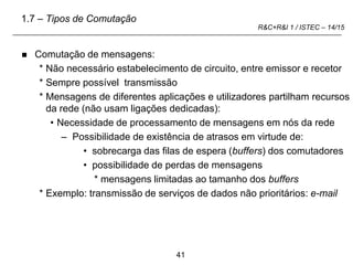 41
R&C+R&I 1 / ISTEC – 14/15
 Comutação de mensagens:
* Não necessário estabelecimento de circuito, entre emissor e recetor
* Sempre possível transmissão
* Mensagens de diferentes aplicações e utilizadores partilham recursos
da rede (não usam ligações dedicadas):
• Necessidade de processamento de mensagens em nós da rede
– Possibilidade de existência de atrasos em virtude de:
• sobrecarga das filas de espera (buffers) dos comutadores
• possibilidade de perdas de mensagens
* mensagens limitadas ao tamanho dos buffers
* Exemplo: transmissão de serviços de dados não prioritários: e-mail
1.7 – Tipos de Comutação
 