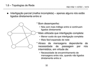 32
R&C+R&I 1 / ISTEC – 14/15
 Interligação parcial (malha incompleta) – apenas alguns nós estão
ligados diretamente entre si
* Bom desempenho:
• Nós com mais tráfego entre si continuam
ligados diretamente
* Mais utilizada que interligação completa:
• Menor custo do que interligação completa
• Mais fácil expansão de rede
* Atraso de mensagens dependente de
necessidade de passagem por nós
intermédios, em virtude de:
• Necessidade de encaminhamento de
mensagens entre nós, quando não ligados
diretamente entre si
1.6 – Topologias de Rede
 