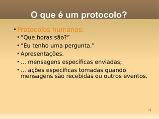 11

Protocolos humanos:

“Que horas são?”

“Eu tenho uma pergunta.”

Apresentações.

… mensagens específcas enviadas;

… ações específcas tomadas quando
mensagens são recebidas ou outros eventos.
O que é um protocolo?
 