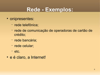 6
Rede - Exemplos:

onipresentes:
− rede telefônica;
− rede de comunicação de operadoras de cartão de
crédito;
− rede bancária;
− rede celular;
− etc.

e é claro, a Internet!
 