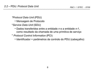 *Protocol Data Unit  (PDU)  Mensagem de Protocolo * Service Data Unit  (SDU)  Dados transferidos entre a entidade  n  e a entidade  n -1, como resultado da chamada de uma primitiva de serviço Protocol Control Information  (PCI)  Identificador + parâmetros de controlo do PDU (cabeçalho) 2.2  – PDU:  Protocol Data Unit 