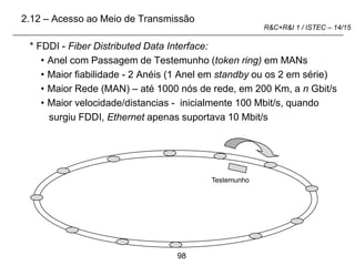 98
R&C+R&I 1 / ISTEC – 14/15
* FDDI - Fiber Distributed Data Interface:
• Anel com Passagem de Testemunho (token ring) em MANs
• Maior fiabilidade - 2 Anéis (1 Anel em standby ou os 2 em série)
• Maior Rede (MAN) – até 1000 nós de rede, em 200 Km, a n Gbit/s
• Maior velocidade/distancias - inicialmente 100 Mbit/s, quando
surgiu FDDI, Ethernet apenas suportava 10 Mbit/s
Testemunho
2.12 – Acesso ao Meio de Transmissão
 