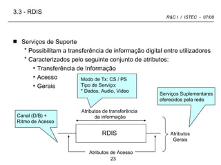 Serviços de Suporte Possibilitam a transferência de informação digital entre utilizadores Caracterizados pelo seguinte conjunto de atributos: Transferência de Informação Acesso Gerais 3.3 -   RDIS Atributos de transferência  de informação Serviços Suplementares oferecidos pela rede Canal (D/B) + Ritmo de Acesso Modo de Tx: CS / PS Tipo de Serviço: * Dados, Audio, Video RDIS Atributos de Acesso Atributos Gerais 