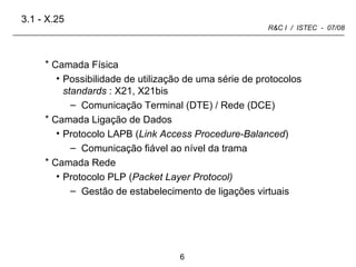 Camada Física Possibilidade de utilização de uma série de protocolos  standards  : X21, X21bis Comunicação Terminal (DTE) / Rede (DCE) Camada Ligação de Dados Protocolo LAPB ( Link Access Procedure-Balanced ) Comunicação fiável ao nível da trama Camada Rede Protocolo PLP ( Packet Layer Protocol) Gestão de estabelecimento de ligações virtuais 3.1 - X.25 