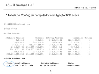 4.1 – O protocolo TCP C:\WINDOWS>netstat -rn Route Table Active Routes: Network Address  Netmask  Gateway Address  Interface  Metric 0.0.0.0  0.0.0.0  214.3.35.31  214.3.35.31  1 127.0.0.0  255.0.0.0  127.0.0.1  127.0.0.1  1 214.3.35.0  255.255.255.0  214.3.35.31  214.3.35.31  1 214.3.35.31  255.255.255.255  127.0.0.1  127.0.0.1  1 214.3.35.255  255.255.255.255  214.3.35.31  214.3.35.31  1 224.0.0.0  224.0.0.0  214.3.35.31  214.3.35.31  1 255.255.255.255  255.255.255.255  214.3.35.31  214.3.35.31  1 Active Connections Proto  Local Address  Foreign Address  State TCP  214.3.35.31:1384  64.58.76.87:80  ESTABLISHED Tabela de  Routing  de computador com ligação TCP activa 