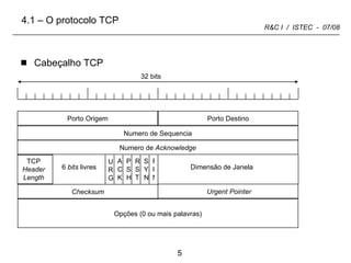 Cabeçalho TCP 4.1 – O protocolo TCP Numero de Sequencia 32 bits Checksum Opções (0 ou mais palavras) Porto Destino Porto Origem Numero de  Acknowledge Urgent Pointer TCP Header Length U R G A C K P S H R S T S Y N F I N 6  bits  livres Dimensão de Janela 
