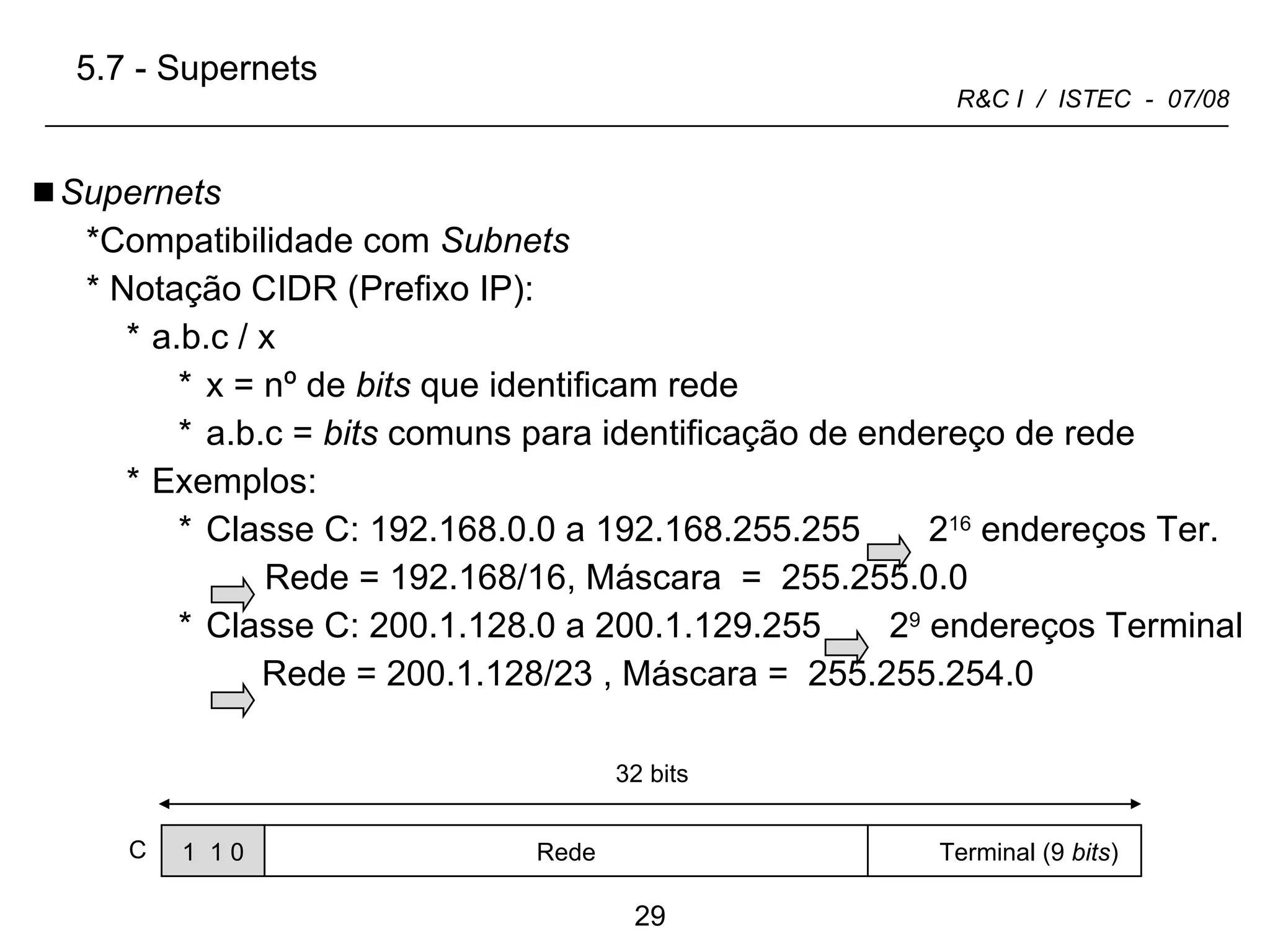 1  1 0 C Rede Terminal (9  bits ) 5.7 - Supernets  Supernets Compatibilidade com  Subnets * Notação CIDR (Prefixo IP): a.b.c / x  x = nº de  bits  que identificam rede a.b.c =  bits  comuns para identificação de endereço de rede  Exemplos:  Classe C: 192.168.0.0 a 192.168.255.255  2 16  endereços Ter.   Rede = 192.168/16, Máscara  =  255.255.0.0 Classe C: 200.1.128.0 a 200.1.129.255  2 9  endereços Terminal Rede = 200.1.128/23 , Máscara =  255.255.254.0  32 bits 