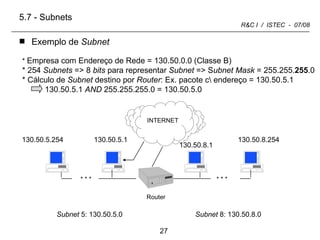 Exemplo de  Subnet INTERNET Subnet  5: 130.50.5.0 Subnet  8: 130.50.8.0 *  Empresa com Endereço de Rede = 130.50.0.0 (Classe B)  * 254  Subnets  => 8  bits  para representar  Subnet  => S ubnet Mask  = 255.255. 255 .0  * Cálculo de  Subnet  destino por  Router : Ex. pacote c\ endereço = 130.50.5.1  130.50.5.1  AND  255.255.255.0 = 130.50.5.0 130.50.5.1 130.50.5.254 130.50.8.254 130.50.8.1 5.7 - Subnets Router * * * * * * 