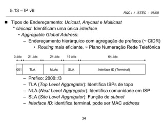5.13 – IP v6 Tipos de Endereçamento:  Unicast ,  Anycast  e  Multicast Unicast : Identificam uma única  interface Aggregable Global Address : Endereçamento hierárquico com agregação de prefixos (~ CIDR) Routing  mais eficiente, ~ Plano Numeração Rede Telefónica Prefixo: 2000::/3 TLA ( Top Level Aggregator ): Identifica ISPs de topo NLA ( Next Level Aggregator ): Identifica comunidade em ISP SLA ( Site Level Aggregator ): Função de  subnet Interface ID : identifica terminal, pode ser MAC  address SLA Interface  ID (Terminal) 64  bits 16  bits 24  bits NLAs TLA 21  bits 3  bits 001 