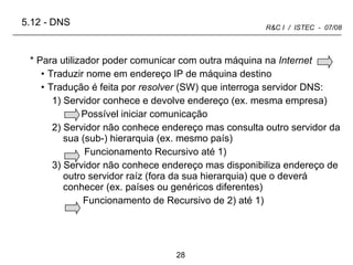 Para utilizador poder comunicar com outra máquina na  Internet Traduzir nome em endereço IP de máquina destino Tradução é feita por  resolver  (SW)   que interroga servidor DNS: 1) Servidor conhece e devolve endereço (ex. mesma empresa) Possível iniciar comunicação 2) Servidor não conhece endereço mas consulta outro servidor da sua (sub-) hierarquia (ex. mesmo país) Funcionamento Recursivo até 1) 3) Servidor não conhece endereço mas disponibiliza endereço de outro servidor raíz (fora da sua hierarquia) que o deverá conhecer (ex. países ou genéricos diferentes) Funcionamento de Recursivo de 2) até 1) 5.12  -  DNS 