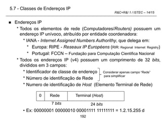 192
R&C+R&I 1 / ISTEC – 14/15
 Endereços IP
* Todos os elementos de rede (Computadores/Routers) possuem um
endereço IP unívoco, atribuído por entidade coordenadora:
* IANA - Internet Assigned Numbers Authorithy, que delega em:
* Europa: RIPE - Reseaux IP Européens (RIR: Regional Internet Registry)
* Portugal: FCCN – Fundação para Computação Cientifica Nacional
* Todos os endereços IP (v4) possuem um comprimento de 32 bits,
divididos em 3 campos:
* Identificador de classe de endereço
* Número de identificação de Rede
* Numero de identificação de Host (Elemento Terminal de Rede)
• Ex: 00000001 00000010 00001111 11111111 = 1.2.15.255 d
0 Rede Terminal (Host)
7 bits 24 bits
5.7 - Classes de Endereços IP
Considerar apenas campo “Rede”
para simplificar
 