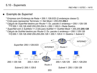 203
R&C+R&I 1 / ISTEC – 14/15
 Exemplo de Supernet
INTERNET
Subnet 2: 200.1.129.0 Subnet 1: 200.1.128.128
Router 2
200.1.129.126
Router 1
SuperNet: 200.1.128.0/23
* * * * * *
200.1.129.1 200.1.128.254
200.1.128.129
INTERNET
* Empresa com Endereço de Rede = 200.1.128.0/23 (2 endereços classe C)
* 9 bits para representar Terminais => Net Mask = 255.255.254.0
* Cálculo de SuperNet destino por Router 1: Ex. pacote c endereço = 200.1.129.126
200.1.129.126 AND 255.255.254.0 = 200.1.128.0 = Rede Destino
* SuperNet com 2 SubNets => 2 bits para SubNet => SubNet Mask = 255.255.255.128
* Cálculo de SubNet destino por Router 2: Ex. pacote c endereço = 200.1.129.126
200.1.129.126 AND 255.255.255.128 = 200.1.129.0 => Destino = Subnet 2
5.10 - Supernets
 