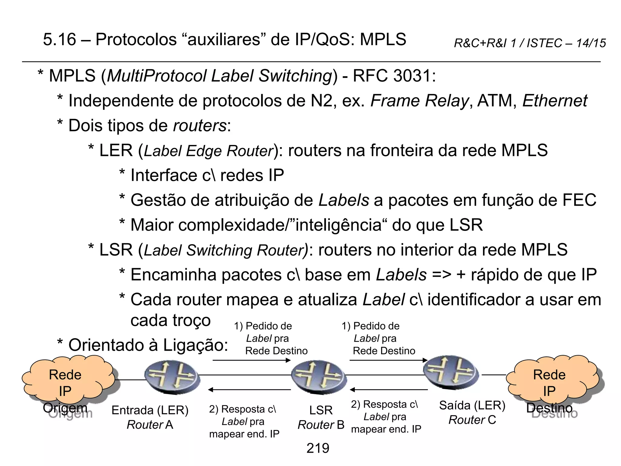 219
R&C+R&I 1 / ISTEC – 14/15
5.16 – Protocolos “auxiliares” de IP/QoS: MPLS
* MPLS (MultiProtocol Label Switching) - RFC 3031:
* Independente de protocolos de N2, ex. Frame Relay, ATM, Ethernet
* Dois tipos de routers:
* LER (Label Edge Router): routers na fronteira da rede MPLS
* Interface c redes IP
* Gestão de atribuição de Labels a pacotes em função de FEC
* Maior complexidade/”inteligência“ do que LSR
* LSR (Label Switching Router): routers no interior da rede MPLS
* Encaminha pacotes c base em Labels => + rápido de que IP
* Cada router mapea e atualiza Label c identificador a usar em
cada troço
* Orientado à Ligação:
Entrada (LER)
Router A
LSR
Router B
Saída (LER)
Router C
Rede
IP
Destino
Rede
IP
Origem
1) Pedido de
Label pra
Rede Destino
1) Pedido de
Label pra
Rede Destino
2) Resposta c
Label pra
mapear end. IP
2) Resposta c
Label pra
mapear end. IP
 