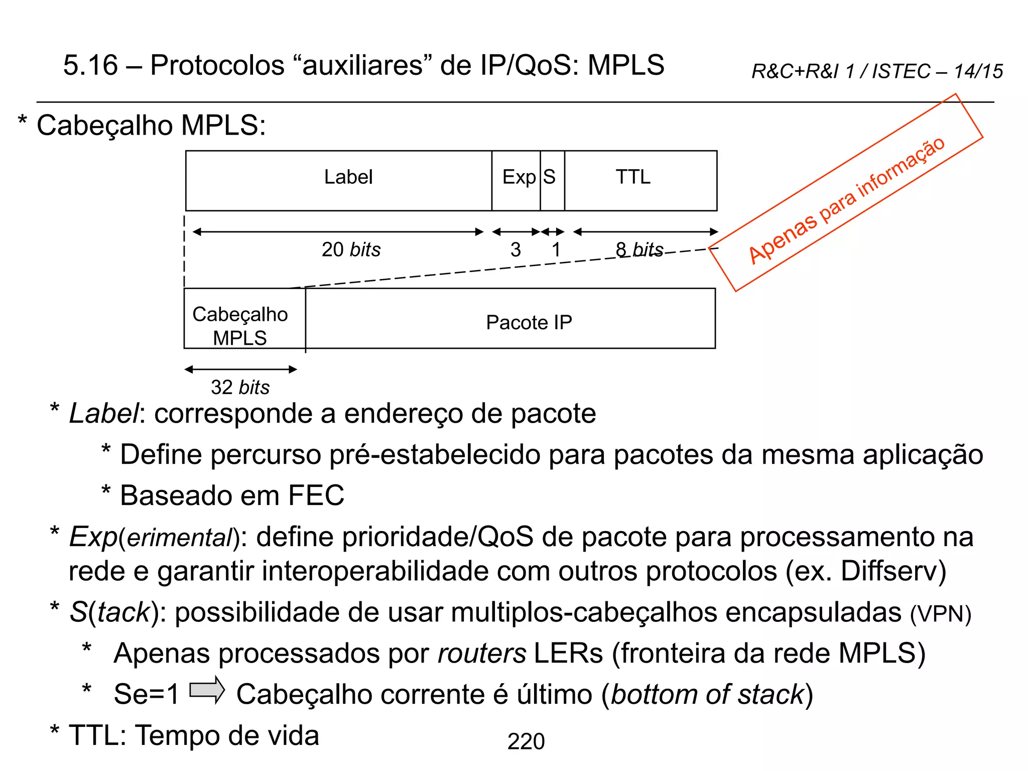 220
R&C+R&I 1 / ISTEC – 14/15
* Cabeçalho MPLS:
* Label: corresponde a endereço de pacote
* Define percurso pré-estabelecido para pacotes da mesma aplicação
* Baseado em FEC
* Exp(erimental): define prioridade/QoS de pacote para processamento na
rede e garantir interoperabilidade com outros protocolos (ex. Diffserv)
* S(tack): possibilidade de usar multiplos-cabeçalhos encapsuladas (VPN)
* Apenas processados por routers LERs (fronteira da rede MPLS)
* Se=1 Cabeçalho corrente é último (bottom of stack)
* TTL: Tempo de vida
5.16 – Protocolos “auxiliares” de IP/QoS: MPLS
Label Exp S TTL
20 bits 8 bits
3 1
Cabeçalho
MPLS
Pacote IP
32 bits
 
