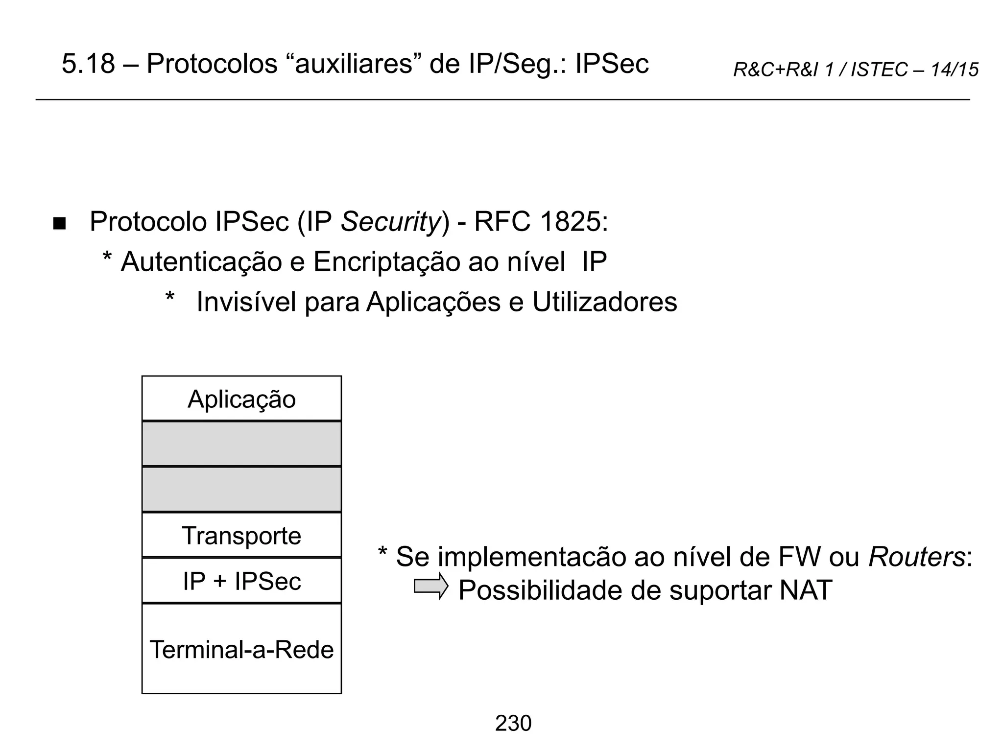 230
R&C+R&I 1 / ISTEC – 14/15
 Protocolo IPSec (IP Security) - RFC 1825:
* Autenticação e Encriptação ao nível IP
* Invisível para Aplicações e Utilizadores
Aplicação
Transporte
IP + IPSec
Terminal-a-Rede
* Se implementacão ao nível de FW ou Routers:
Possibilidade de suportar NAT
5.18 – Protocolos “auxiliares” de IP/Seg.: IPSec
 