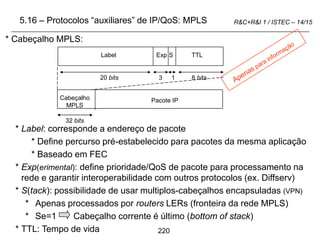 220
R&C+R&I 1 / ISTEC – 14/15
* Cabeçalho MPLS:
* Label: corresponde a endereço de pacote
* Define percurso pré-estabelecido para pacotes da mesma aplicação
* Baseado em FEC
* Exp(erimental): define prioridade/QoS de pacote para processamento na
rede e garantir interoperabilidade com outros protocolos (ex. Diffserv)
* S(tack): possibilidade de usar multiplos-cabeçalhos encapsuladas (VPN)
* Apenas processados por routers LERs (fronteira da rede MPLS)
* Se=1 Cabeçalho corrente é último (bottom of stack)
* TTL: Tempo de vida
5.16 – Protocolos “auxiliares” de IP/QoS: MPLS
Label Exp S TTL
20 bits 8 bits
3 1
Cabeçalho
MPLS
Pacote IP
32 bits
 
