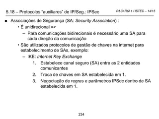 234
R&C+R&I 1 / ISTEC – 14/15
 Associações de Segurança (SA: Security Association) :
• É unidirecional =>
– Para comunicações bidirecionais é necessário uma SA para
cada direção da comunicação
• São utilizados protocolos de gestão de chaves na internet para
estabelecimento de SAs, exemplo:
– IKE: Internet Key Exchange
1. Estabelece canal seguro (SA) entre as 2 entidades
comunicantes
2. Troca de chaves em SA estabelecida em 1.
3. Negociação de regras e parâmetros IPSec dentro de SA
estabelecida em 1.
5.18 – Protocolos “auxiliares” de IP/Seg.: IPSec
 