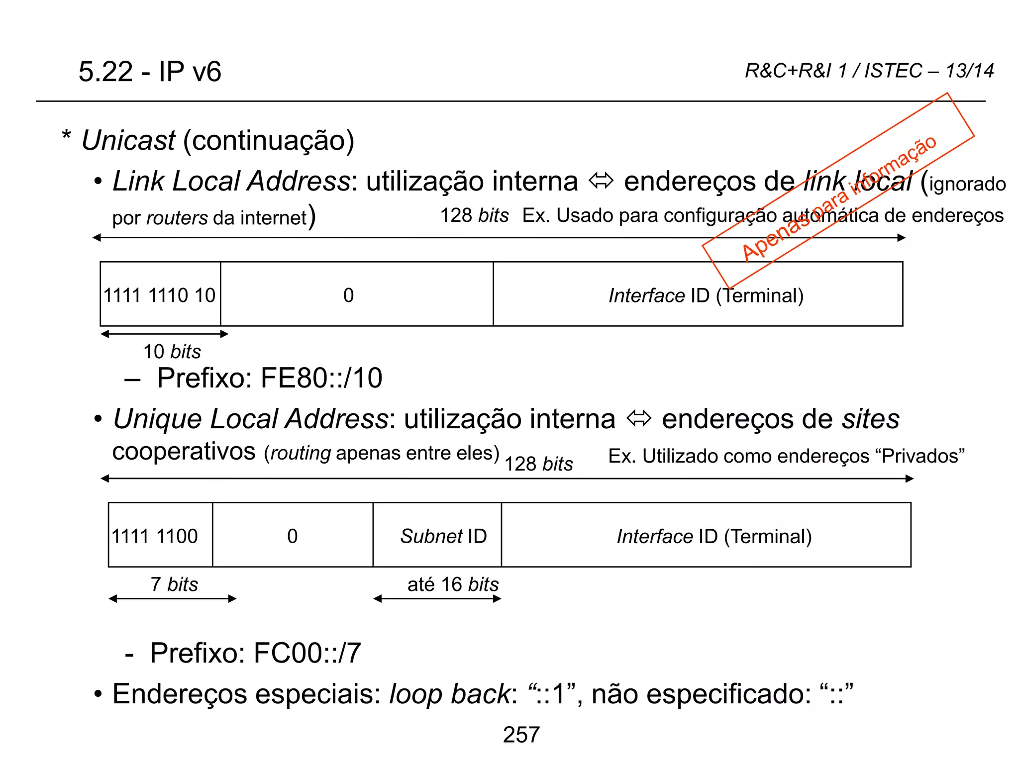 257
R&C+R&I 1 / ISTEC – 13/14
* Unicast (continuação)
• Link Local Address: utilização interna  endereços de link local (ignorado
por routers da internet)
– Prefixo: FE80::/10
• Unique Local Address: utilização interna  endereços de sites
cooperativos (routing apenas entre eles)
- Prefixo: FC00::/7
• Endereços especiais: loop back: “::1”, não especificado: “::”
0 Interface ID (Terminal)
128 bits
1111 1110 10
10 bits
128 bits
até 16 bits
0 Interface ID (Terminal)
1111 1100 Subnet ID
7 bits
Ex. Usado para configuração automática de endereços
Ex. Utilizado como endereços “Privados”
5.22 - IP v6
 